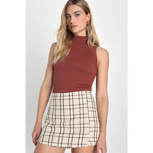 Lulus Beige And Brown Plaid Skort